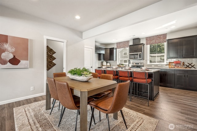 dining space featuring dark wood-style flooring, recessed lighting, and baseboards