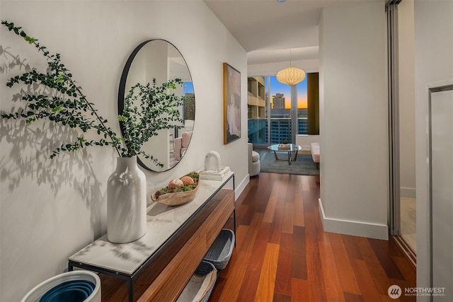 hall with baseboards and dark wood-type flooring