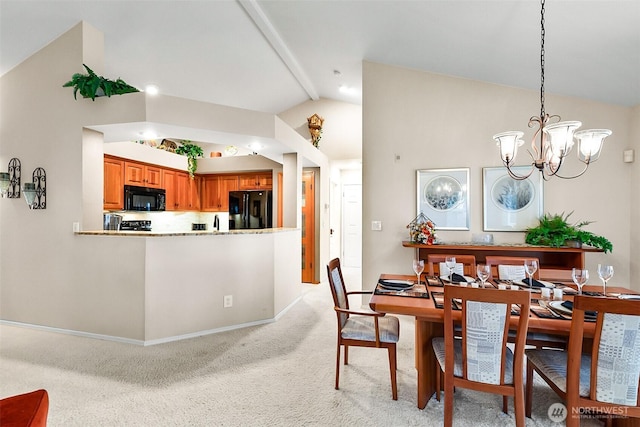 dining area with lofted ceiling, baseboards, light carpet, and a chandelier