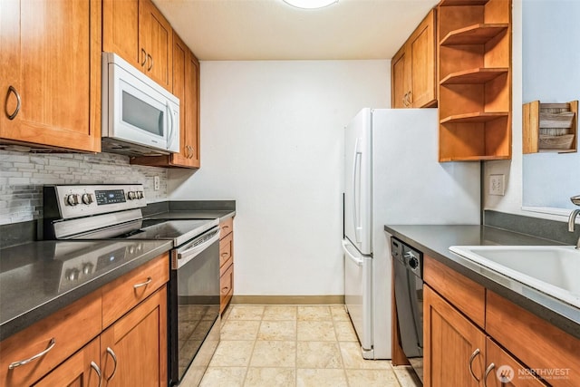 kitchen featuring open shelves, electric range, white microwave, and brown cabinets