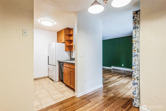 kitchen featuring black dishwasher, open shelves, light countertops, a baseboard heating unit, and brown cabinetry