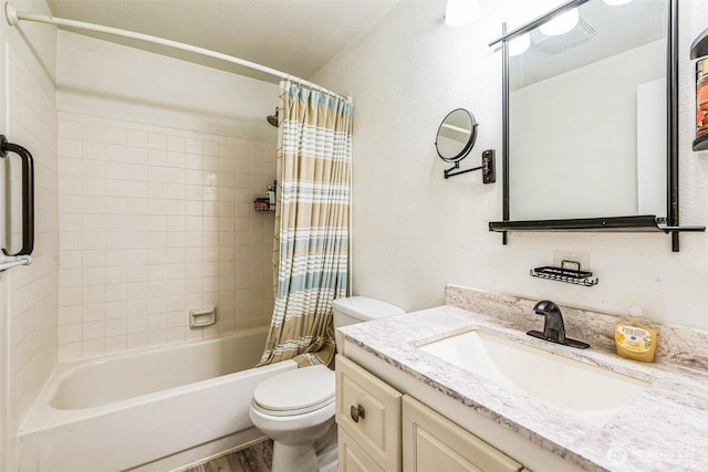 full bath with wood finished floors, vanity, toilet, and shower / bath combo with shower curtain