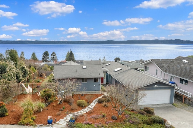 drone / aerial view featuring a water view and a residential view