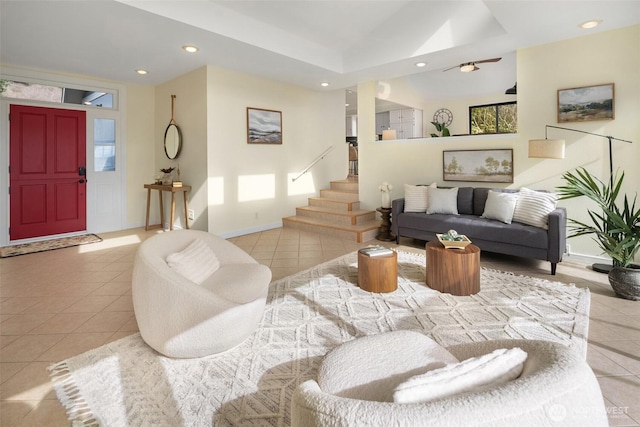 living area featuring stairway, light tile patterned floors, baseboards, recessed lighting, and ceiling fan