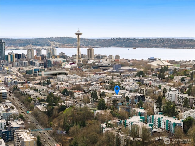 bird's eye view with a water view and a city view