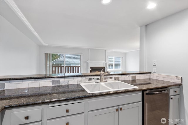 kitchen with a sink, dishwasher, a warm lit fireplace, and a healthy amount of sunlight