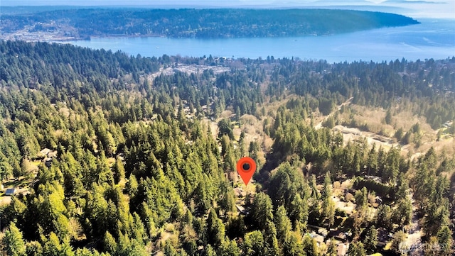 aerial view featuring a water view and a wooded view