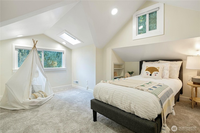 carpeted bedroom featuring lofted ceiling, recessed lighting, visible vents, and baseboards