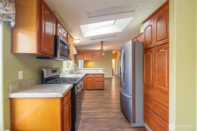 kitchen with a skylight, dark wood-style flooring, light countertops, appliances with stainless steel finishes, and a sink