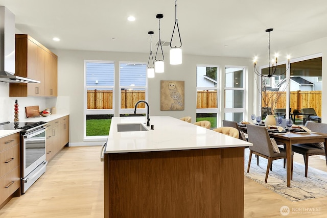 kitchen featuring light wood-type flooring, a sink, stainless steel electric range oven, and wall chimney exhaust hood