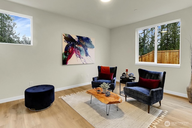 sitting room with baseboards and wood finished floors