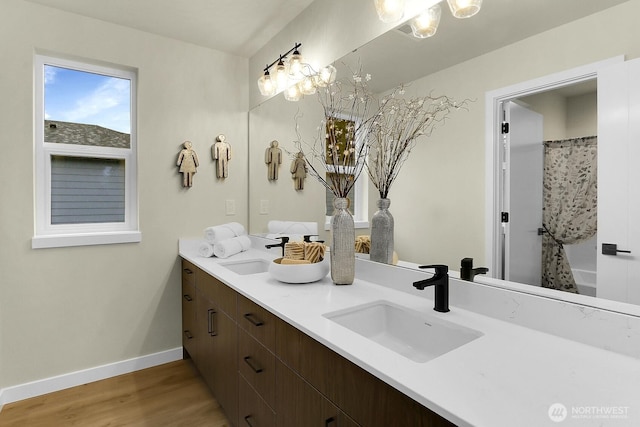 bathroom featuring double vanity, a sink, baseboards, and wood finished floors