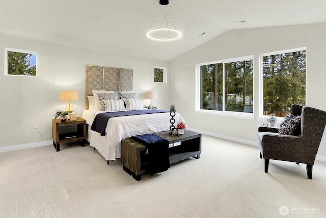 bedroom featuring visible vents, baseboards, vaulted ceiling, and light colored carpet