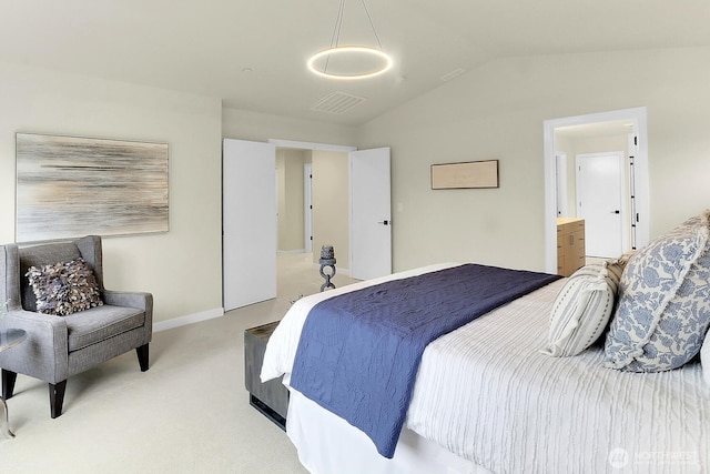 bedroom with light colored carpet, vaulted ceiling, visible vents, and baseboards