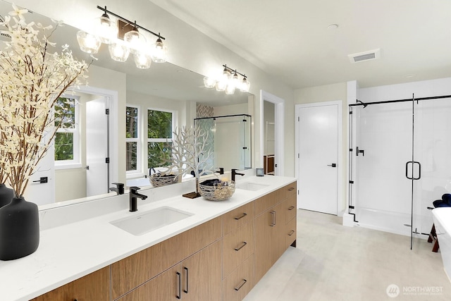 full bathroom featuring double vanity, a shower stall, visible vents, and a sink