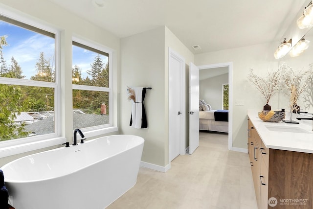 ensuite bathroom with a healthy amount of sunlight, a freestanding tub, connected bathroom, and vanity