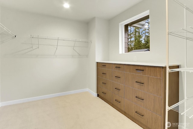 spacious closet featuring light colored carpet