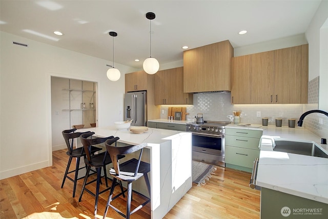 kitchen featuring light wood finished floors, high end appliances, visible vents, decorative backsplash, and a sink