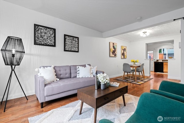 living area with a textured ceiling, baseboards, and wood finished floors