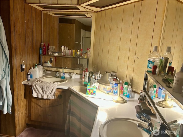 bathroom with vanity and wooden walls