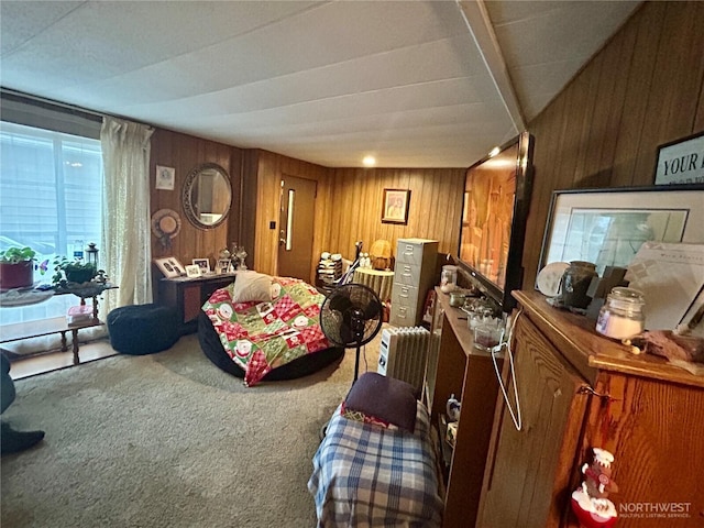 living room with carpet floors and wood walls