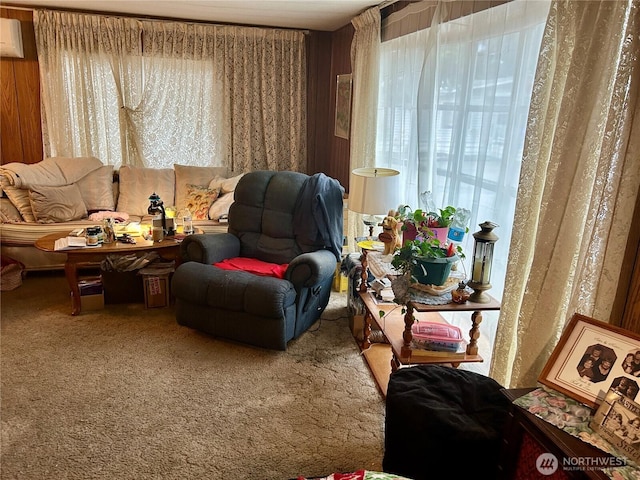 sitting room featuring a wall unit AC and carpet flooring