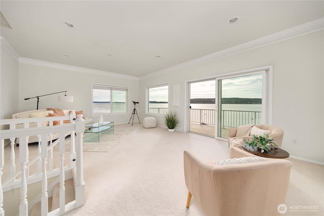 bedroom with baseboards, light carpet, ornamental molding, and access to outside