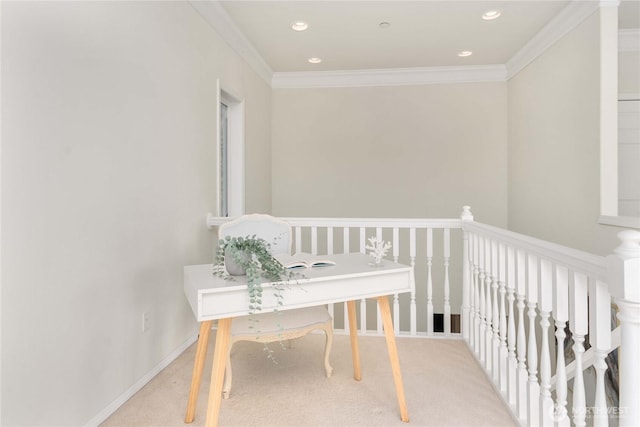 interior space with crown molding, recessed lighting, baseboards, and light carpet