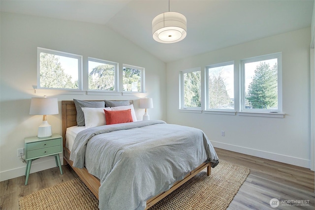 bedroom featuring lofted ceiling, multiple windows, baseboards, and wood finished floors