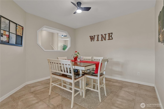 dining space featuring ceiling fan and baseboards