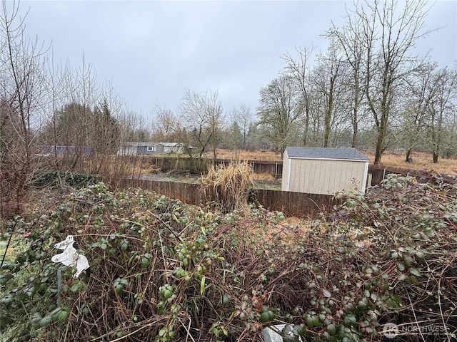 view of yard featuring an outbuilding, a storage unit, and fence