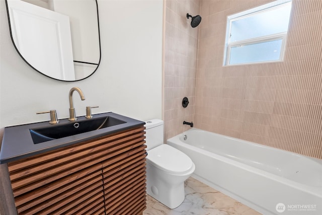 bathroom with marble finish floor, vanity, toilet, and bathtub / shower combination