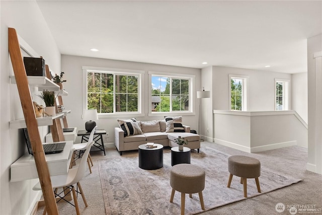 carpeted living area featuring baseboards and recessed lighting