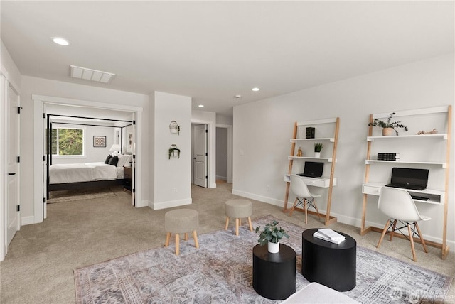 living room featuring light carpet, recessed lighting, visible vents, and baseboards