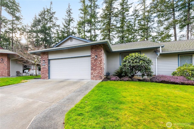 ranch-style home with a garage, a shingled roof, brick siding, driveway, and a front lawn