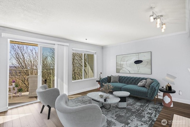 living area featuring crown molding, a textured ceiling, baseboards, and wood finished floors