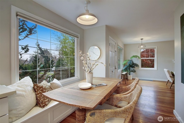 dining space with dark wood-style floors, a wealth of natural light, and baseboards