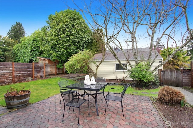 view of patio featuring a fenced backyard and outdoor dining space