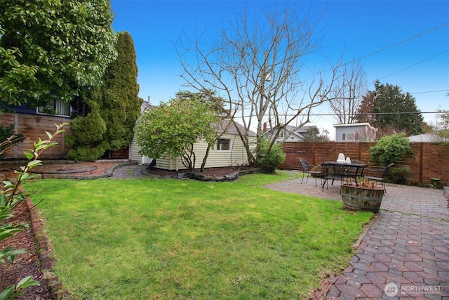 view of yard featuring a patio, an outdoor structure, and a fenced backyard