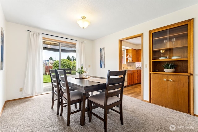 carpeted dining room featuring baseboards