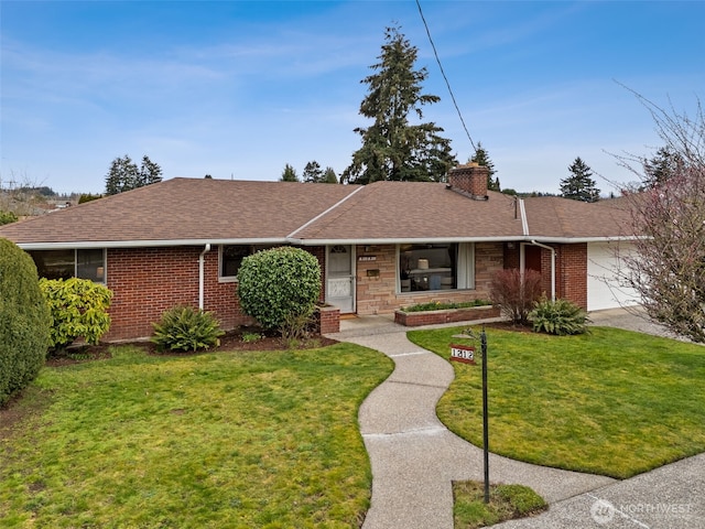 ranch-style house featuring a shingled roof, a front yard, a chimney, stone siding, and an attached garage