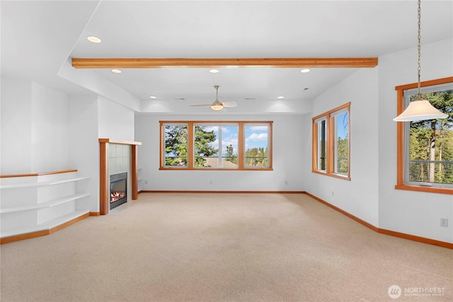 6760 Forest Ridge Dr, Wenatchee, WA 98801 - unfurnished living room featuring carpet floors, recessed lighting, plenty of natural light, a ceiling fan, and beamed ceiling