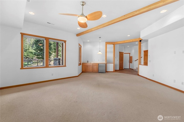 6760 Forest Ridge Dr, Wenatchee, WA 98801 - unfurnished living room featuring light colored carpet, recessed lighting, ceiling fan, bar, and beamed ceiling