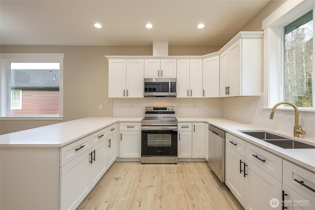 kitchen with a sink, stainless steel appliances, backsplash, a peninsula, and white cabinetry