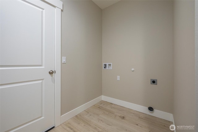 laundry room with electric dryer hookup, light wood-type flooring, baseboards, laundry area, and washer hookup