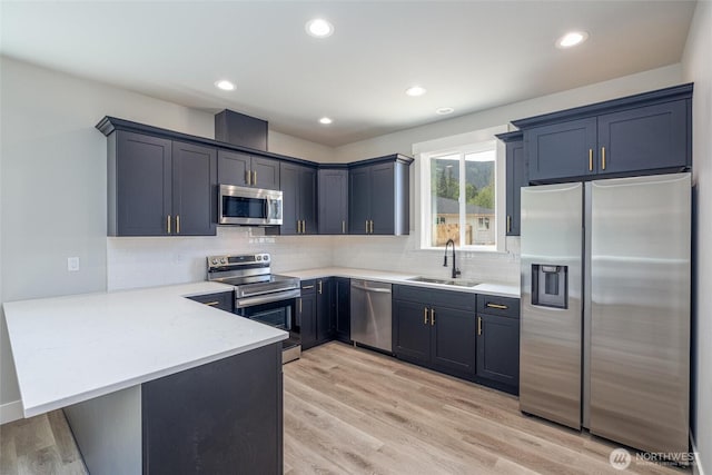 6511 Watson Loop, Maple Falls, WA 98266 - kitchen featuring appliances with stainless steel finishes, a sink, a peninsula, decorative backsplash, and recessed lighting