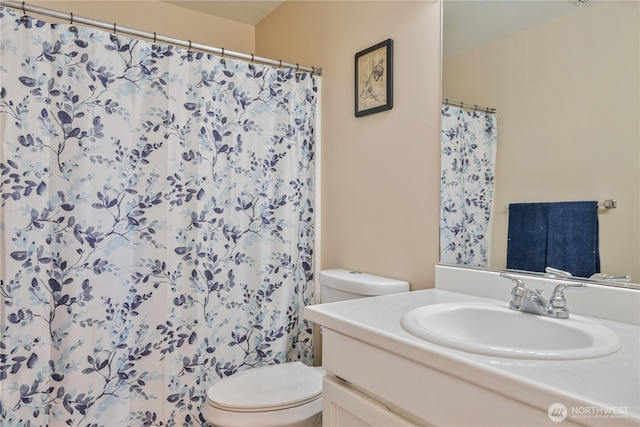 bathroom featuring vanity, toilet, and a shower with curtain