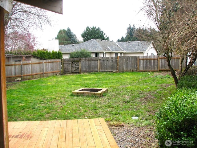 view of yard with a fenced backyard and an outdoor fire pit