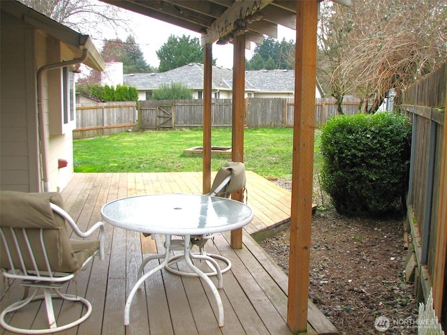 wooden deck with a yard and a fenced backyard