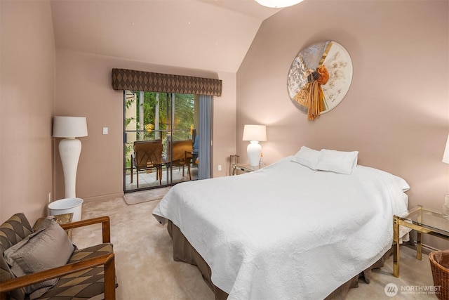 bedroom featuring access to exterior, light carpet, vaulted ceiling, and baseboards